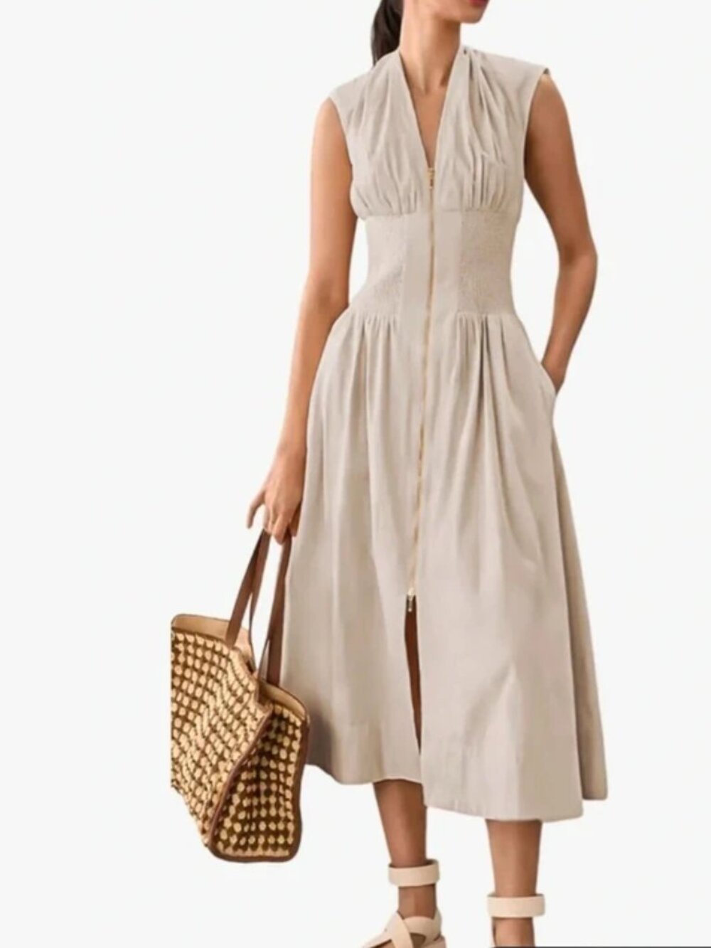 NWT Gunest Ivory Midi Dress Smocked Front Pockets Sz. MEDIUM